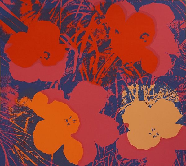 Andy Warhol by Sunday B. Morning Flowers blau, rot und rosa mit orange-rosa, rot- rosa und gelb -rosa Blumen Siebdruck web