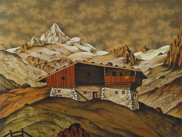 Erich Geisler "Bauernhaus mit Berglandschaft" 1989 Intarsie 16,5 x  22,5 cm