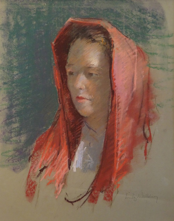 Erwin Lutz-Waldner "Frauenportrait mit rotem Tuch" Pastell 52 x 42 cm