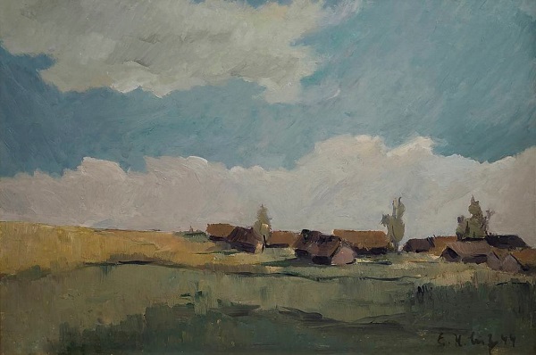 Erwin Lutz-Waldner  "Wolkenstimmung in der Ebene" Öl auf Karton 53 x 38 cm