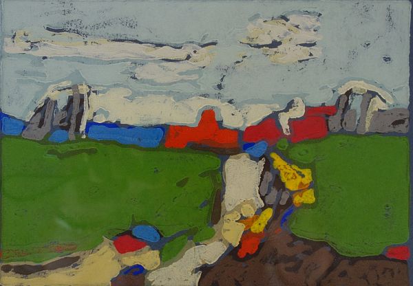 Klaus Fussmann, Landschaft Düttebüll Farblinolschnitt 15x21 cm