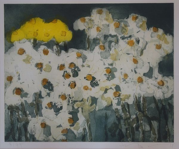 Klaus Fussmann, Margariten Rudbeckia, Farblinolschnitt, 38 x 46,5 cm