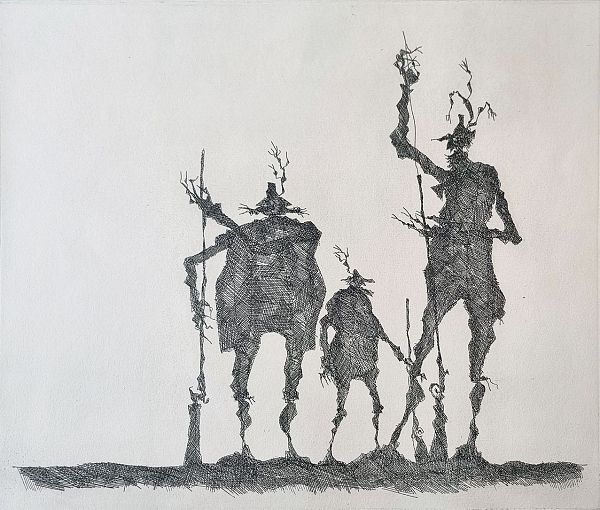 Paul Flora "Drei verwurzelte Tiroler" 1973 Radierung 50,5 x 51 ,5 cm
