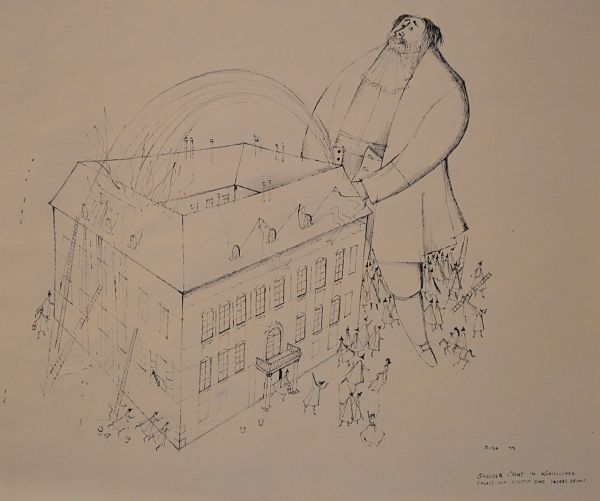 Paul Flora "Gulliver löscht im königlichen Palast von Liliput eine Feuersbrunst" Tuschezeichnung 1949 39 x 46 cm