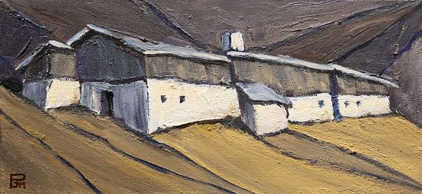 Johannes Maria Pittl "Hagerhof in Pfons" - Acryl auf Leinwand - 16 x 34 cm