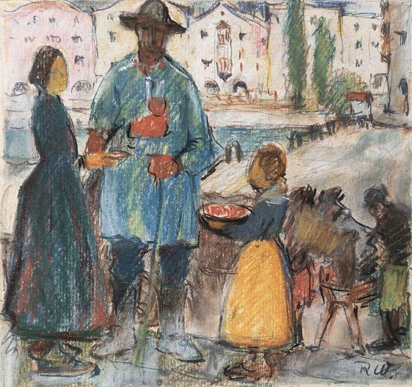 Raimund Wörle "Marktszene in Innsbruck" um 1950 - Mischtechnik - 30 x 32 cm