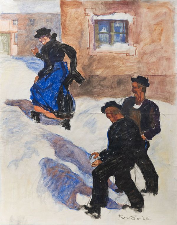 Raimund Wörle "Schneeballschlacht in Tirol" 1935 - Mischtechnik - 42 x 34 cm