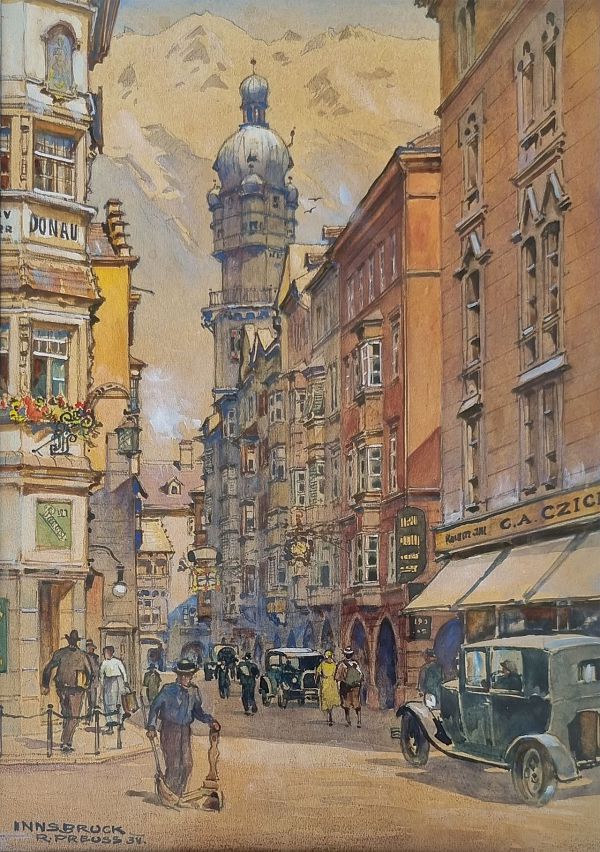 Rudolf Preuss "Innsbruck Altstadt" 1934 27 x 20 cm