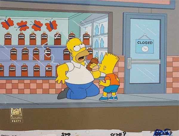 The Simpsons "A Tale of two Springfields (Homer and Bart infront of a store)" Original Production Cel 28 x 36 cm web