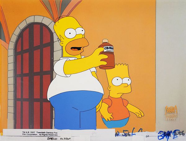 The Simpsons "A tale of two Springfields (Homer and Bart infront of window)" Original Production Cel 28 x 36 cm