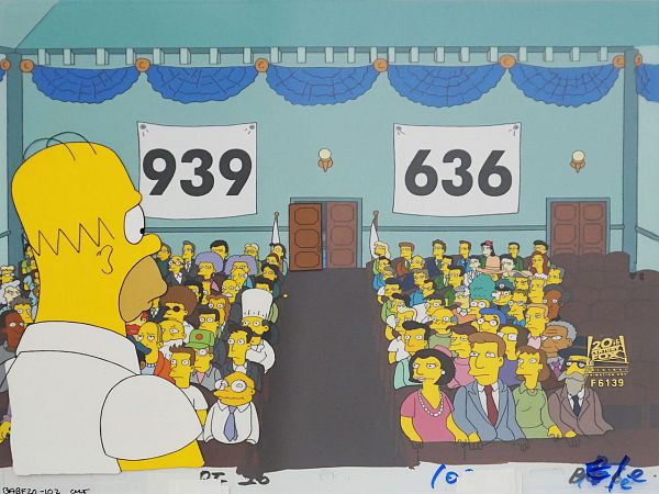 The Simpsons "A Tale of two Springfields (Homer infront of a crowd)"  Original Production Cel 28 x 36 cm