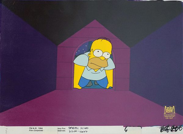 The Simpsons "Brawl in the Family" Homer in violet House, Original Production Cel, 27 x 33 cm