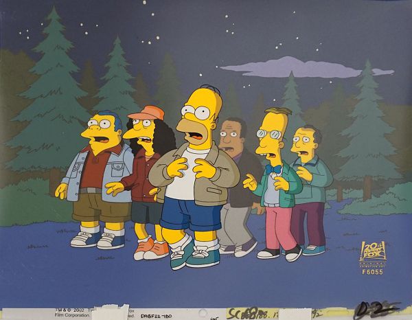 The Simpsons "How I spent my strummer vacation (Homer infront of group)" Original Production Cel 28 x 36 cm