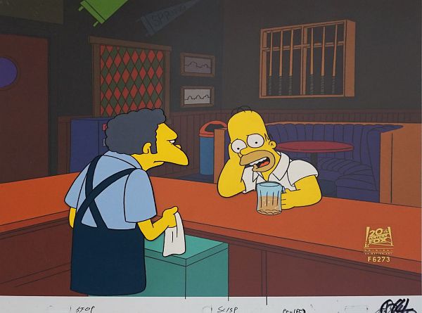 The Simpsons "Trash of Titans (Homer and Moe)" Original Production Cel 28 x 36 cm