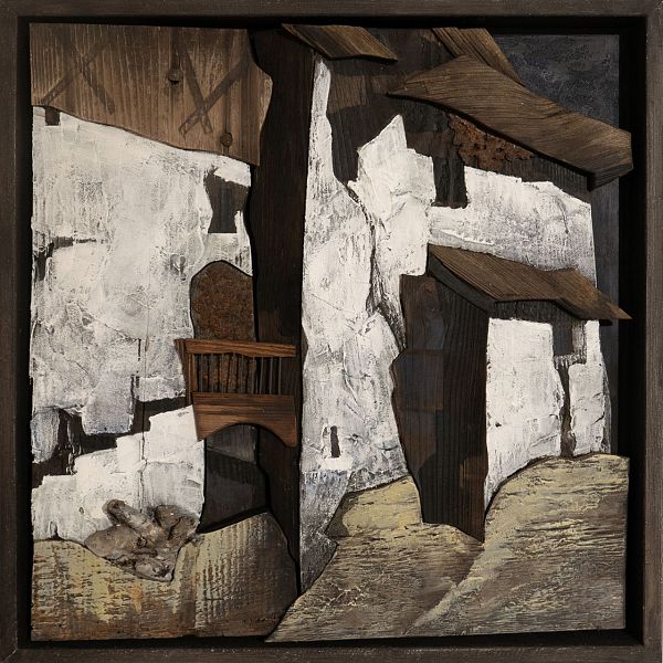 Harald Wilbereger "Bauernhäuser 2" - Altholz-Relief - 55 x 55 cm