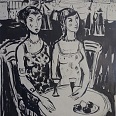 Lore Arnold "Zwei Damen bei einem Plausch" Tusche 50 x 38 cm