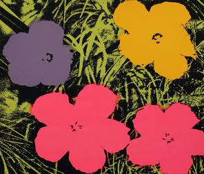 Andy Warhol by Sunday B. Morning Flowers schwarz-grün mit rosa, lila und gelben Blumen Siebdruck web